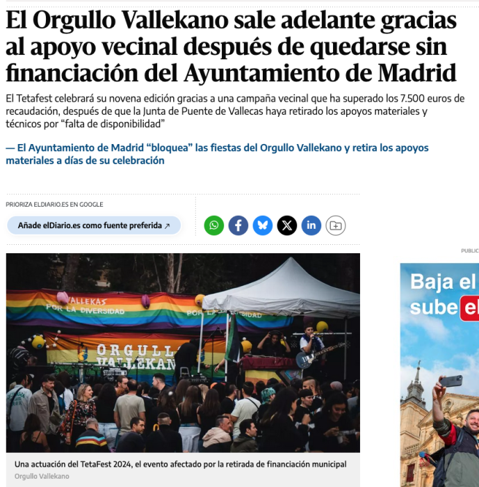 El Orgullo Vallekano sale adelante gracias al apoyo vecinal después de quedarse sin financiación del Ayuntamiento de Madrid